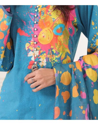 3-Piece Digital Print Work Cotton Lawn Salwar Suit - Blue8